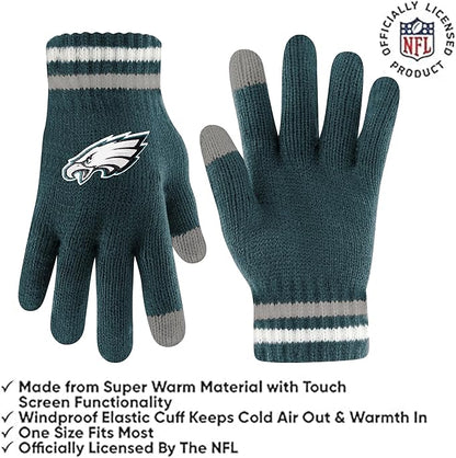 Ultra Game Youth NFL Official Super Soft Team Stripe Winter Beanie Knit Hat with Extra Warm Touch Screen Gloves|Philadelphia Eagles