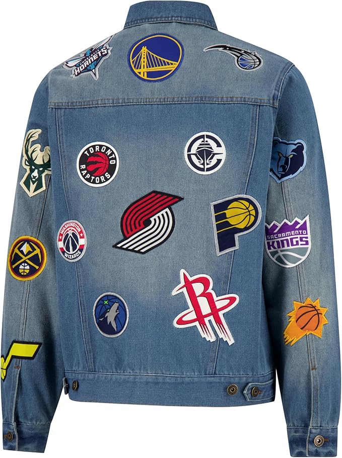 Ultra Game Men's NBA Official Distressed Multi-Team Denim Patch Jean Jacket, Multi Team, Denim|Multi Team