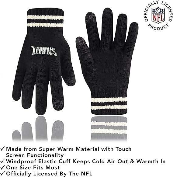 Ultra Game NFL Official Adults Super Soft Cable Knit Winter Beanie Knit Hat with Extra Warm Touch Screen Gloves, Tennessee Titans, Black, One Size|Tennessee Titans