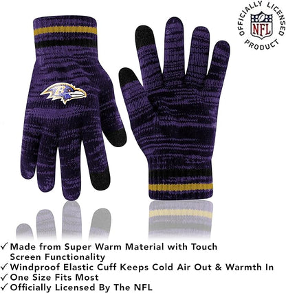 Ultra Game Adults Unisex NFL Official Super Soft Marl Knit Winter Beanie Knit Hat with Extra Warm Touch Screen Gloves|Baltimore Ravens