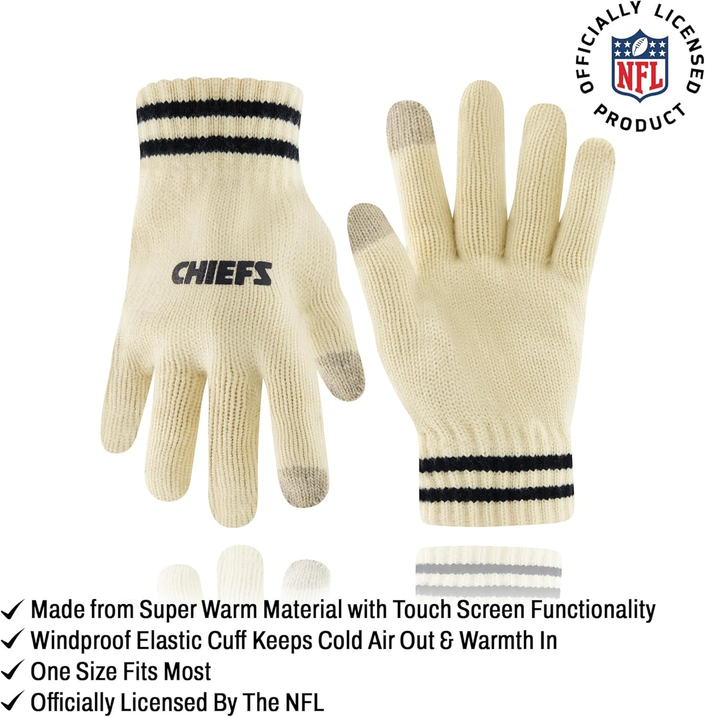 NFL Official Adults Super Soft Cable Knit Winter Beanie Knit Hat with Extra Warm Touch Screen Gloves, Kansas City Chiefs, One Size|Kansas City Chiefs