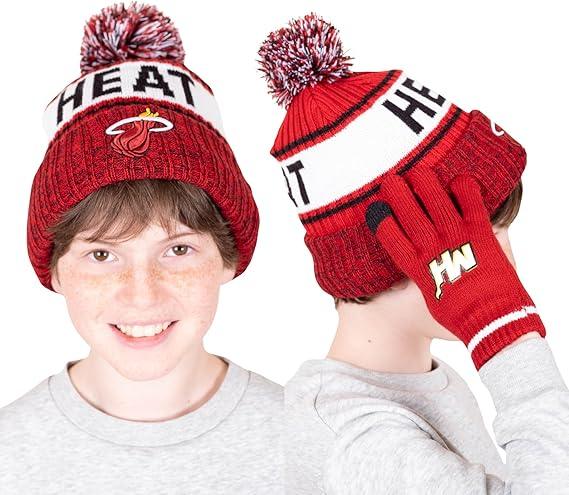 Ultra Game NBA Official Boys Girls Super Soft Winter Beanie Knit Hat With Extra Warm Touch Screen Gloves, Miami Heat, Team Color, 1SIZE|Miami Heat