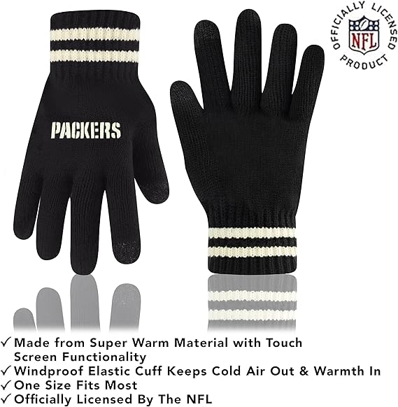 Ultra Game NFL Official Youth Super Soft Cable Knit Winter Beanie Knit Hat with Extra Warm Touch Screen Gloves, Green Bay Packers, Black, One Size|Green Bay Packers