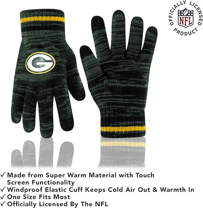 Ultra Game Adults Unisex NFL Official Super Soft Marl Knit Winter Beanie Knit Hat with Extra Warm Touch Screen Gloves|Green Bay Packers