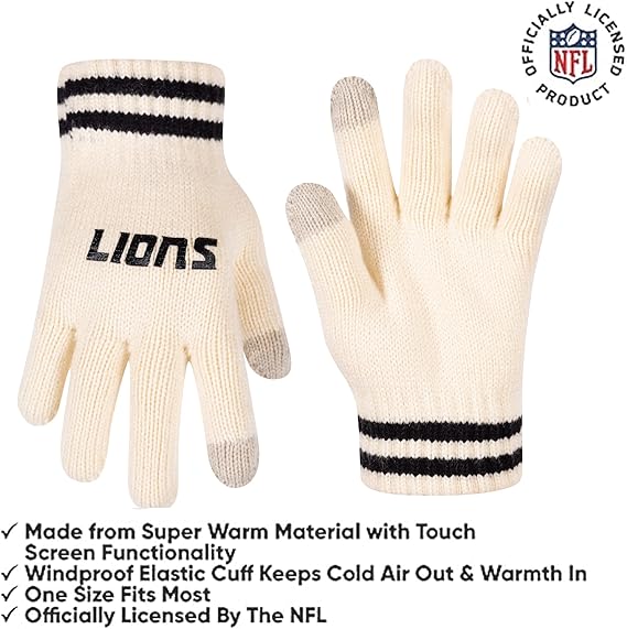 Ultra Game Youth NFL Official Super Soft Cable Knit Winter Beanie Knit Hat with Extra Warm Touch Screen Gloves|Detroit Lions