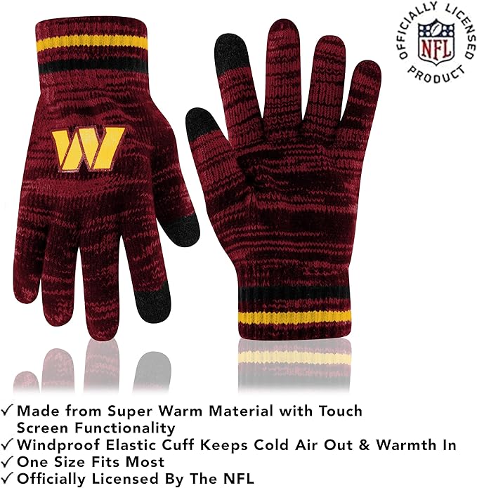 Ultra Game Adults Unisex NFL Official Super Soft Marl Knit Winter Beanie Knit Hat with Extra Warm Touch Screen Gloves|Washington Commanders