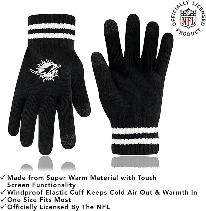 NFL Official Adults Super Soft Marled Winter Beanie Knit Hat with Extra Warm Touch Screen Gloves|Miami Dolphins