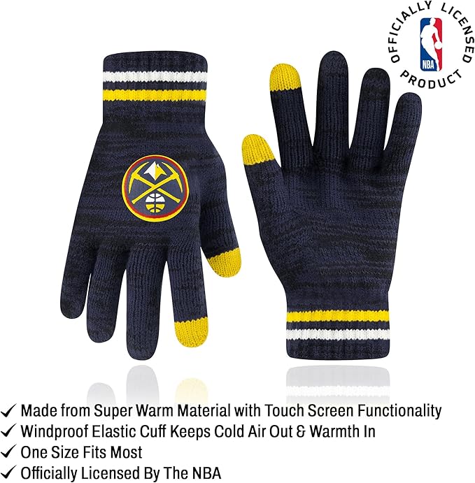 Ultra Game NBA Official Men's Super Soft Winter Beanie Knit Hat with Extra Warm Touch Screen Gloves, Denver Nuggets, Team Color|Denver Nuggets