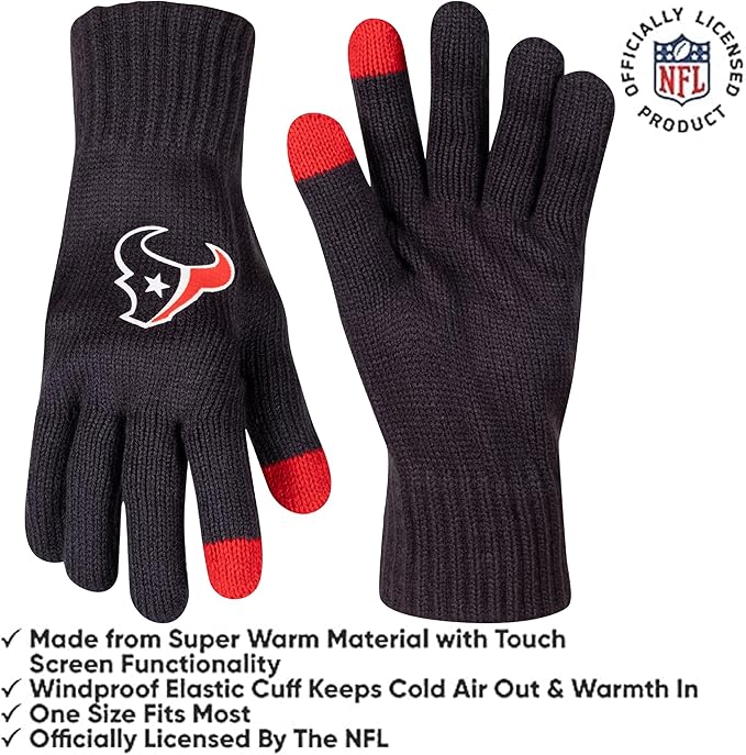 Ultra Game NFL Official Adults Unisex Super Soft Winter Beanie Knit Hat With Extra Warm Touch Screen Gloves, Houston Texans, Team Color, 1SIZE|Houston Texans