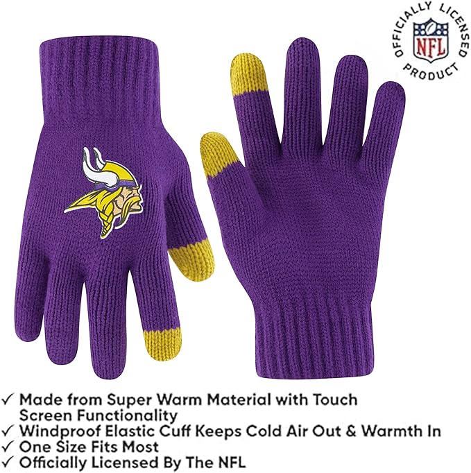 Ultra Game NFL Official Adults Unisex Super Soft Winter Beanie Knit Hat With Extra Warm Touch Screen Gloves, Minnesota Vikings, Team Color, 1SIZE|Minnesota Vikings