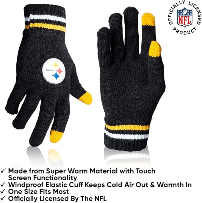 Ultra Game NFL Official Adults Unisex Super Soft Winter Beanie Knit Hat With Extra Warm Touch Screen Gloves, Pittsburgh Steelers, Team Color, 1SIZE|Pittsburgh Steelers