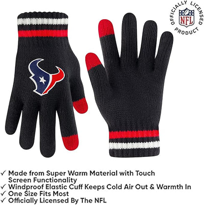 Ultra Game Youth NFL Official Super Soft Team Stripe Winter Beanie Knit Hat with Extra Warm Touch Screen Gloves|Houston Texans