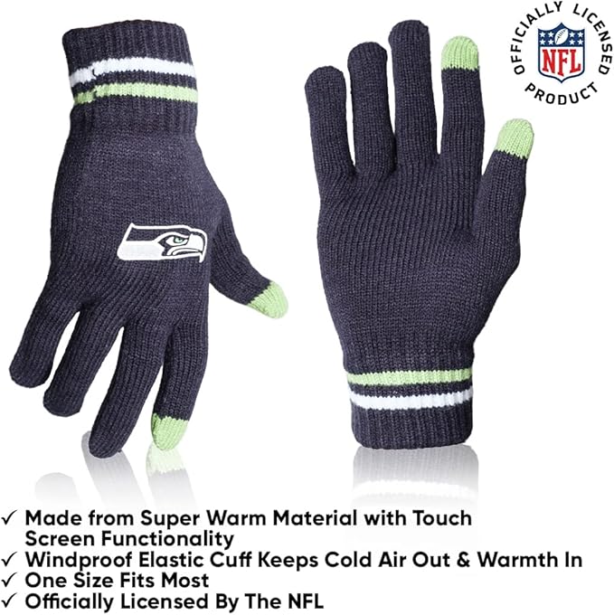 Ultra Game NFL Official Adults Unisex Super Soft Winter Beanie Knit Hat With Extra Warm Touch Screen Gloves, Seattle Seahawks, Team Color, 1SIZE|Seattle Seahawks