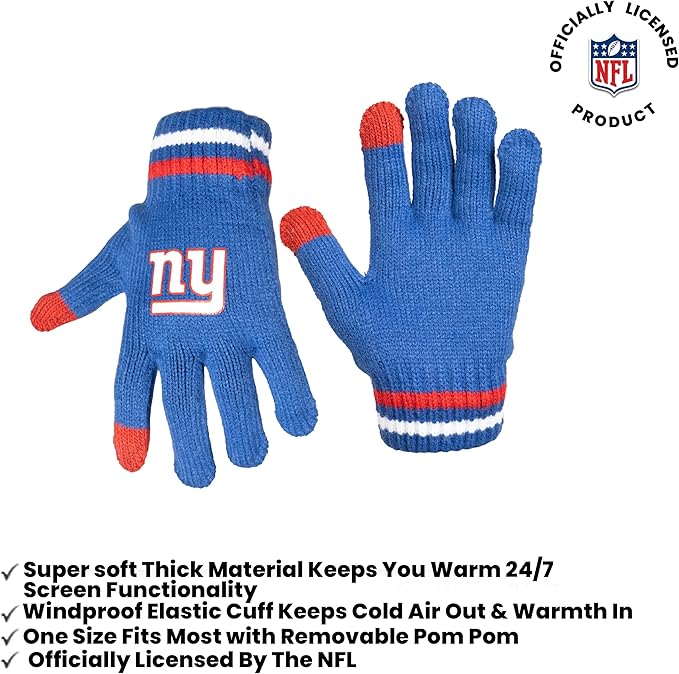 Ultra Game Youth NFL Official Super Soft Team Stripe Winter Beanie Knit Hat with Extra Warm Touch Screen Gloves|New York Giants