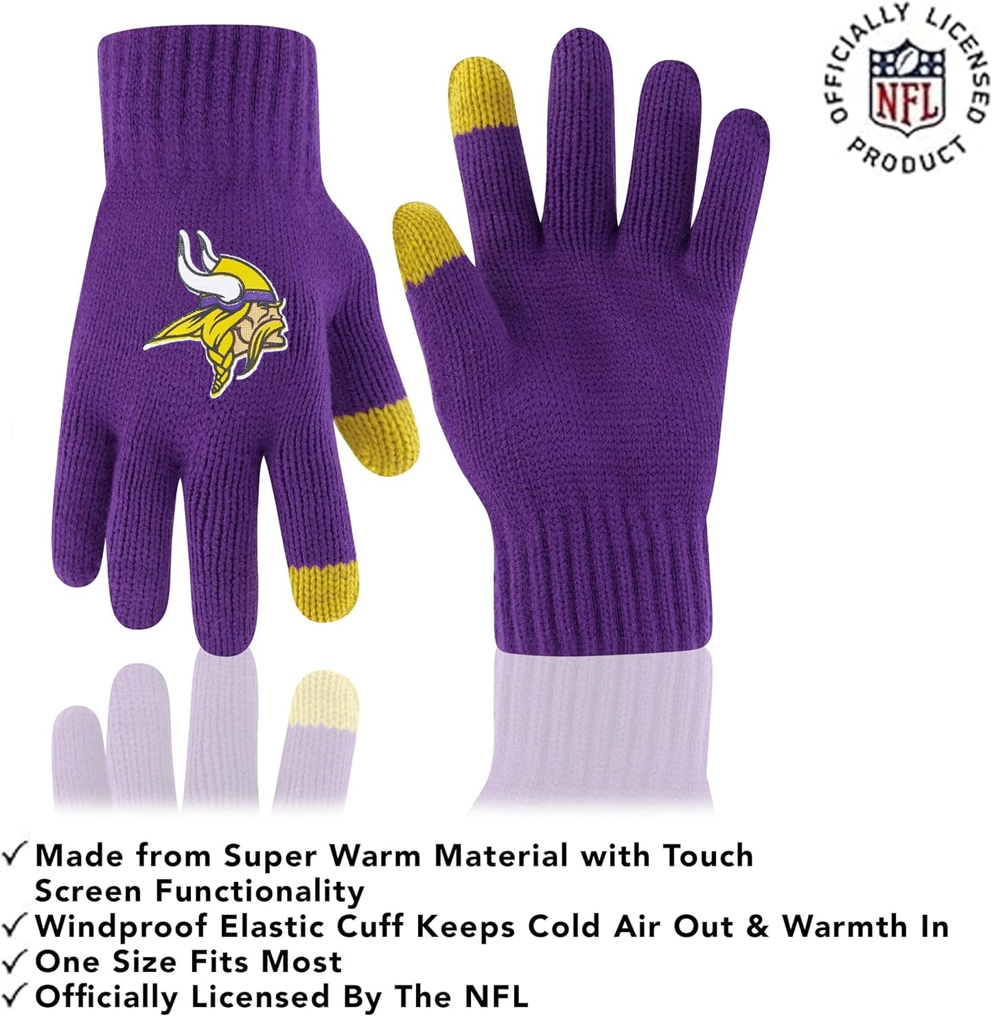 Ultra Game NFL Official Youth Super Soft Winter Beanie Knit Hat With Extra Warm Touch Screen Gloves, Minnesota Vikings, Team Color 2, 1SIZE|Minnesota Vikings