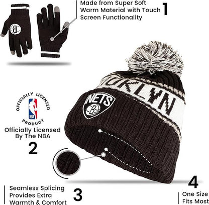 Ultra Game NBA Official Men’s Super Soft Winter Beanie Knit Hat With Extra Warm Touch Screen Gloves - Unisex, Brooklyn Nets, Team Color, 1SIZE|Brooklyn Nets