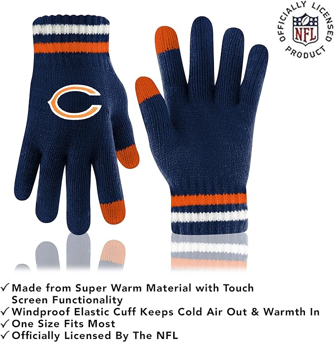 Ultra Game NFL Chicago Bears Womens Super Soft Team Stripe Winter Beanie Knit Hat with Extra Warm Touch Screen Gloves|Chicago Bears