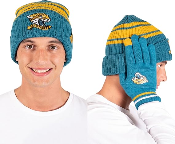 Ultra Game NFL Jacksonville Jaguars Womens Super Soft Team Stripe Winter Beanie Knit Hat with Extra Warm Touch Screen Gloves|Jacksonville Jaguars