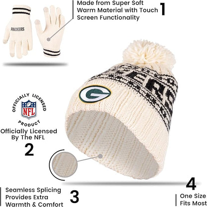 Ultra Game NFL Green Bay Packers Womens Super Soft Cable Knit Winter Beanie Knit Hat with Extra Warm Touch Screen Gloves|Green Bay Packers