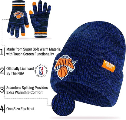 Ultra Game NBA Official Youth Super Soft Winter Beanie Knit Hat with Extra Warm Touch Screen Gloves, New York Knicks, Team Color|New York Knicks