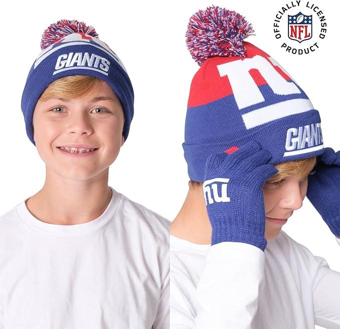 Ultra Game NFL Official Youth Super Soft Winter Beanie Knit Hat With Extra Warm Touch Screen Gloves, New York Giants, Team Color 2, 1SIZE|New York Giants