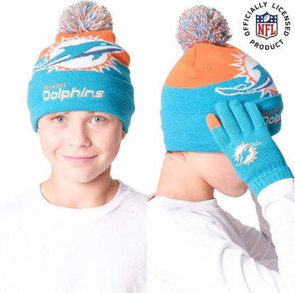 NFL Official Youth Super Soft Winter Beanie Knit Hat With Extra Warm Touch Screen Gloves|Miami Dolphins