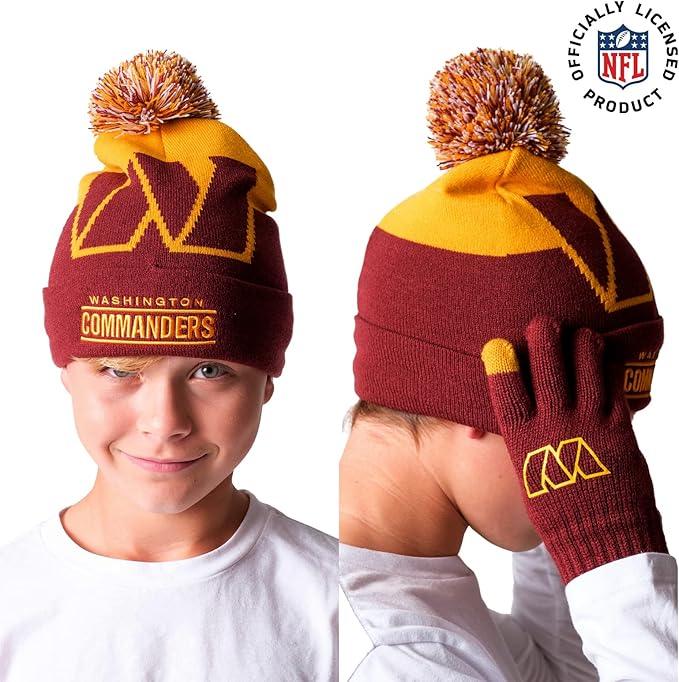 Ultra Game NFL Official Youth Super Soft Winter Beanie Knit Hat With Extra Warm Touch Screen Gloves, Washington Commanders, Team Color 2, 1SIZE|Washington Commanders