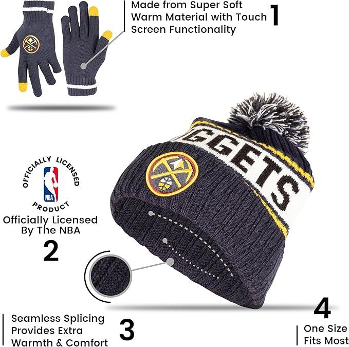 Ultra Game NBA Official Men’s Super Soft Winter Beanie Knit Hat With Extra Warm Touch Screen Gloves - Unisex, Denver Nuggets, Team Color, 1SIZE|Denver Nuggets