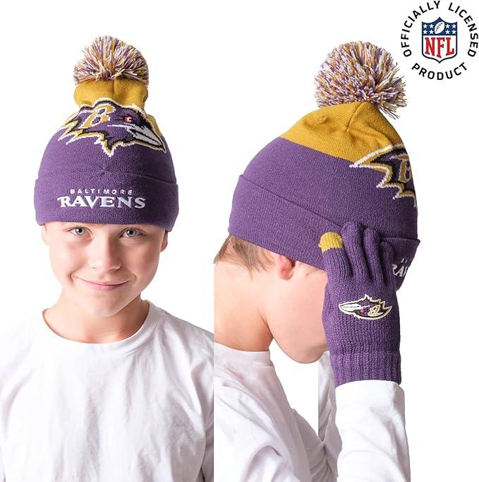 Ultra Game NFL Official Youth Super Soft Winter Beanie Knit Hat With Extra Warm Touch Screen Gloves, Baltimore Ravens, Team Color 2, 1SIZE|Baltimore Ravens