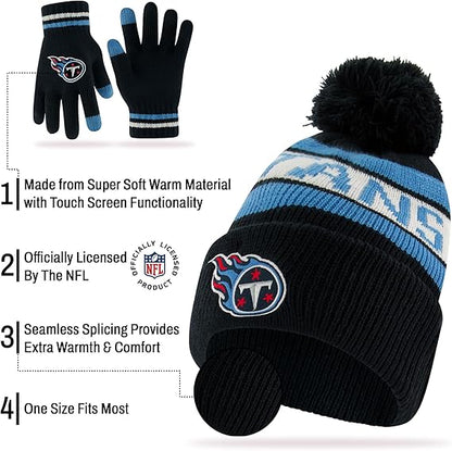 Ultra Game NFL Official Youth Super Soft Winter Beanie Knit Hat With Extra Warm Touch Screen Gloves, Tennessee Titans, Team Color 1, 1 SIZE|Tennessee Titans