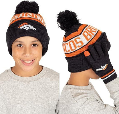 Ultra Game NFL Official Youth Super Soft Winter Beanie Knit Hat With Extra Warm Touch Screen Gloves, Denver Broncos, Team Color 1, 1 SIZE|Denver Broncos