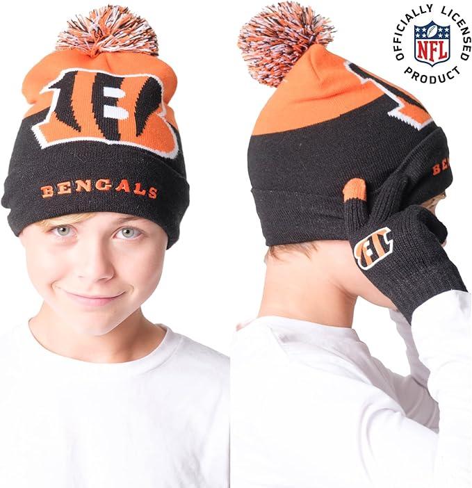 NFL Official Youth Super Soft Winter Beanie Knit Hat With Extra Warm Touch Screen Gloves|Cincinnati Bengals