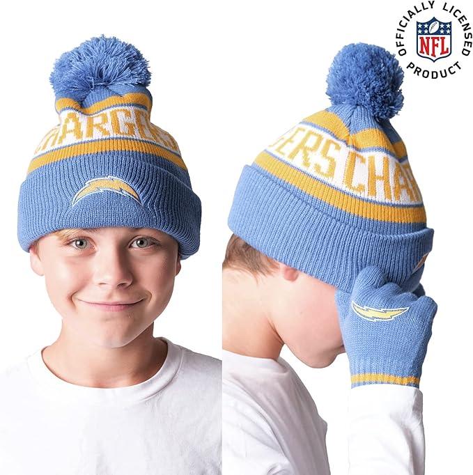 Ultra Game NFL Official Youth Super Soft Winter Beanie Knit Hat With Extra Warm Touch Screen Gloves, Los Angeles Chargers, Team Color 1, 1SIZE|Los Angeles Chargers