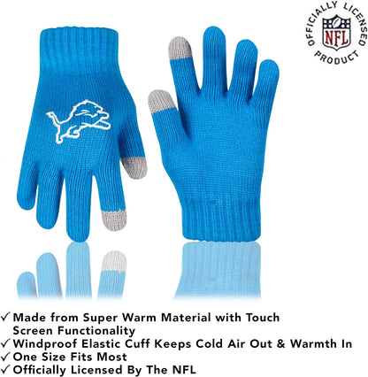 Ultra Game NFL Official Youth Super Soft Winter Beanie Knit Hat With Extra Warm Touch Screen Gloves, Detroit Lions, Team Color 2, 1SIZE|Detroit Lions