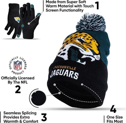 Ultra Game NFL Official Adults Unisex Super Soft Winter Beanie Knit Hat With Extra Warm Touch Screen Gloves, Jacksonville Jaguars, Team Color, 1SIZE|Jacksonville Jaguars