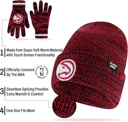 Ultra Game NBA Official Men's Super Soft Winter Beanie Knit Hat with Extra Warm Touch Screen Gloves, Atlanta Hawks, Team Color|Atlanta Hawks