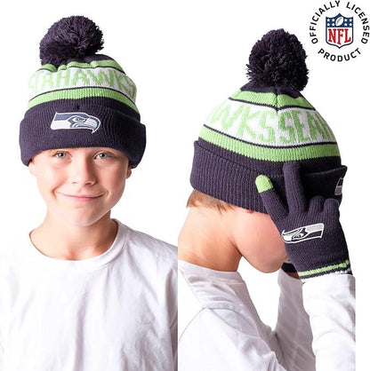 Ultra Game NFL Official Youth Super Soft Winter Beanie Knit Hat With Extra Warm Touch Screen Gloves, Seattle Seahawks, Team Color 1, 1 SIZE|Seattle Seahawks