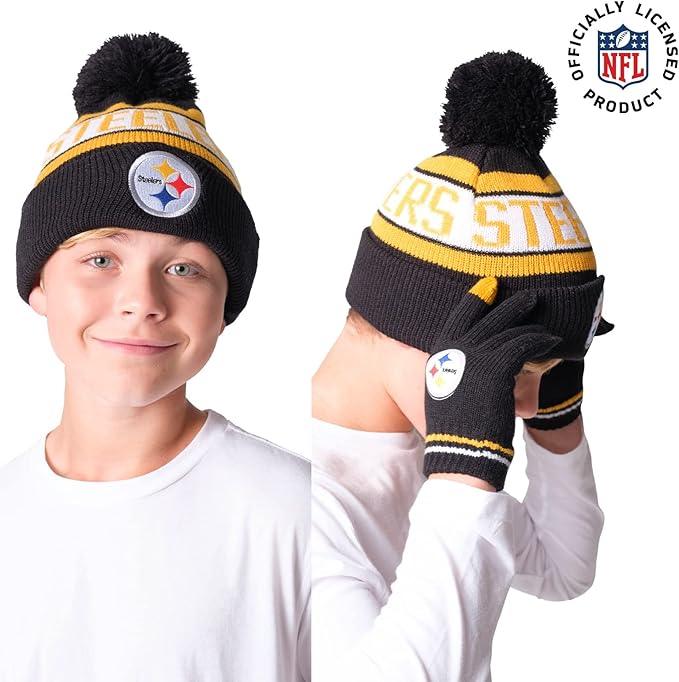 Ultra Game NFL Official Youth Super Soft Winter Beanie Knit Hat With Extra Warm Touch Screen Gloves, Pittsburgh Steelers, Team Color 1, 1SIZE|Pittsburgh Steelers