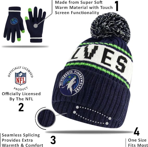 Ultra Game NBA Official Boys Girls Super Soft Winter Beanie Knit Hat With Extra Warm Touch Screen Gloves, Minnesota Timberwolves, Team Color, 1SIZE|Minnesota Timberwolves