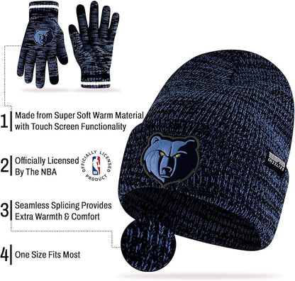 Ultra Game NBA Official Youth Super Soft Winter Beanie Knit Hat with Extra Warm Touch Screen Gloves, Memphis Grizzlies, Team Color|Memphis Grizzlies