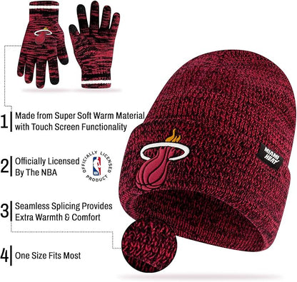 Ultra Game NBA Official Men's Super Soft Winter Beanie Knit Hat with Extra Warm Touch Screen Gloves, Miami Heat, Team Color|Miami Heat