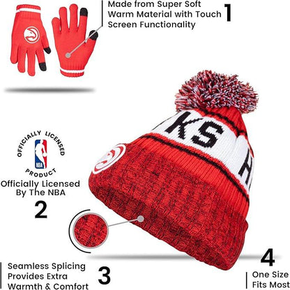 Ultra Game NBA Official Boys Girls Super Soft Winter Beanie Knit Hat With Extra Warm Touch Screen Gloves, Atlanta Hawks, Team Color, 1SIZE|Atlanta Hawks