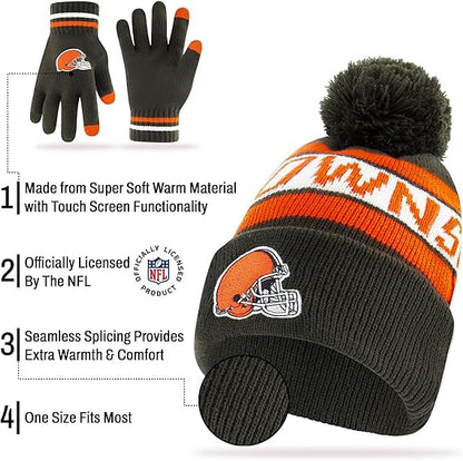 Ultra Game NFL Official Youth Super Soft Winter Beanie Knit Hat With Extra Warm Touch Screen Gloves, Cleveland Browns, Team Color 1, 1 SIZE|Cleveland Browns