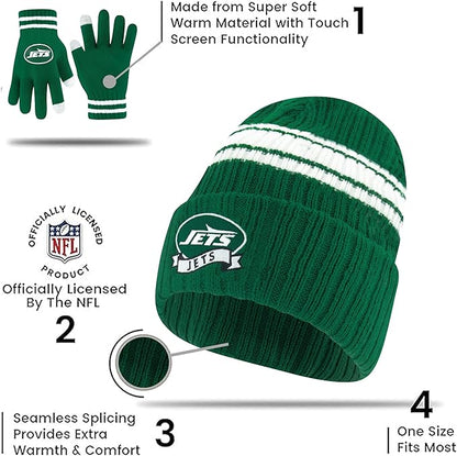 Ultra Game Youth NFL Official Super Soft Team Stripe Winter Beanie Knit Hat with Extra Warm Touch Screen Gloves|Buffalo Bills