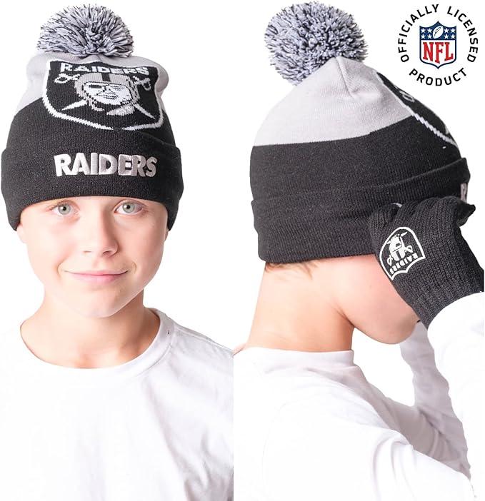 NFL Official Youth Super Soft Winter Beanie Knit Hat With Extra Warm Touch Screen Gloves| Las Vegas Raiders