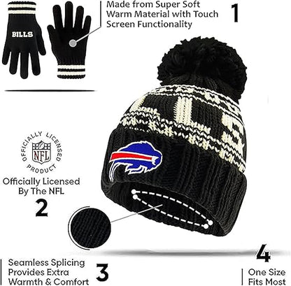 Ultra Game NFL Official Youth Super Soft Cable Knit Winter Beanie Knit Hat with Extra Warm Touch Screen Gloves, Kansas City Chiefs, Black, One Size|Kansas City Chiefs