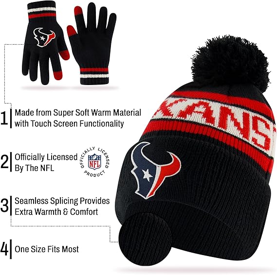 Ultra Game NFL Official Youth Super Soft Winter Beanie Knit Hat With Extra Warm Touch Screen Gloves, Houston Texans, Team Color 1, 1 SIZE|Houston Texans