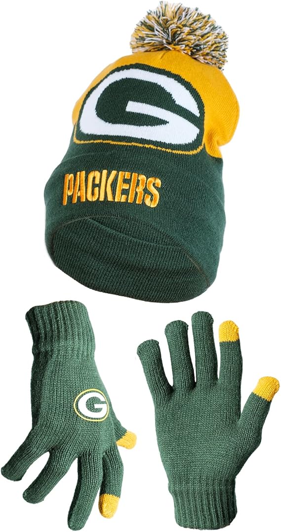 NFL Official Adults Unisex Super Soft Winter Beanie Knit Hat With Extra Warm Touch Screen Gloves|Green Bay Packers