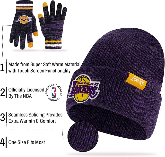 Ultra Game NBA Official Youth Super Soft Winter Beanie Knit Hat with Extra Warm Touch Screen Gloves, Los Angeles Lakers, Team Color|Los Angeles Lakers