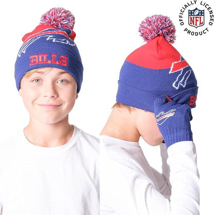 NFL Official Youth Super Soft Winter Beanie Knit Hat With Extra Warm Touch Screen Gloves|Buffalo Bills